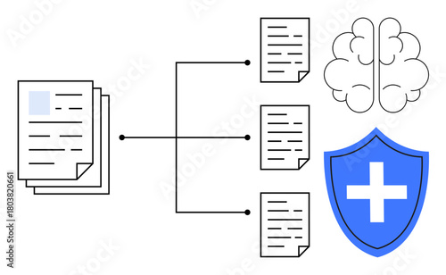 Documents sorted into categories, protected by shield with cross, connected to brain icon. Ideal for security, healthcare, data management, knowledge sharing, innovation, organization simple flat
