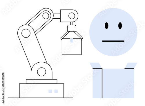 Robotic arm gripping a box, symbolizing automation and human interaction. Ideal for technology, automation, robotics, innovation, workflow optimization industry 4.0 teamwork. Simple flat metaphor