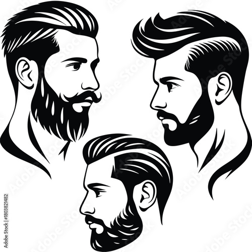 Stylish darkhaired men display various contemporary beards and haircuts in a striking monochrome format