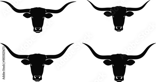 Longhorn bull head silhouette set, Texas longhorn cattle skull illustration, western cowboy ranch animal horns vector graphic, farm livestock decoration design