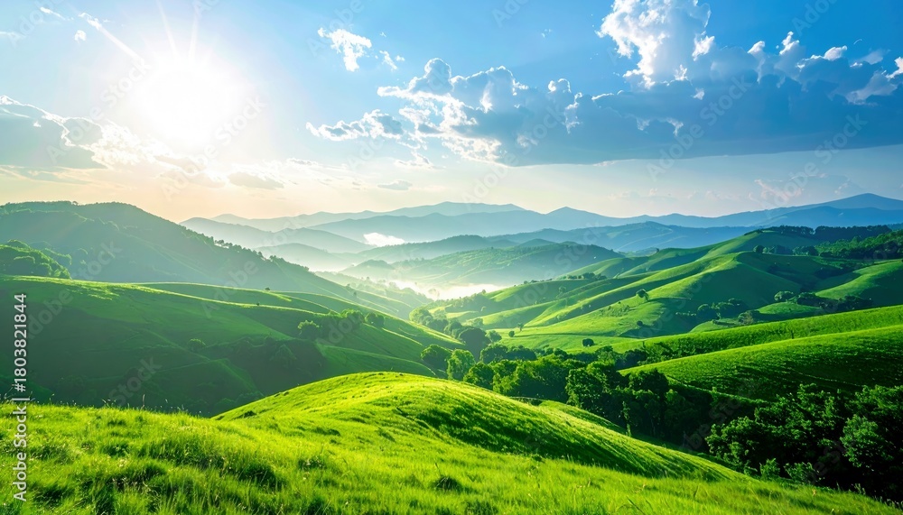Fototapeta premium A vibrant landscape of lush green rolling hills and valleys under a bright sun and blue sky with scattered clouds.