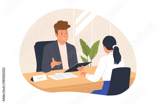 Illustration of Job Interview and Candidate Assessment. A manager and a candidate are seated across a desk, engaged in a formal job interview. This visual represents recruitment and HR processes