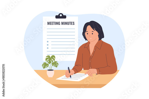 Illustration of Meeting Minutes and Documentation. An employee is writing on a clipboard, symbolizing the administrative task of recording meeting proceedings, notes, and key decisions
