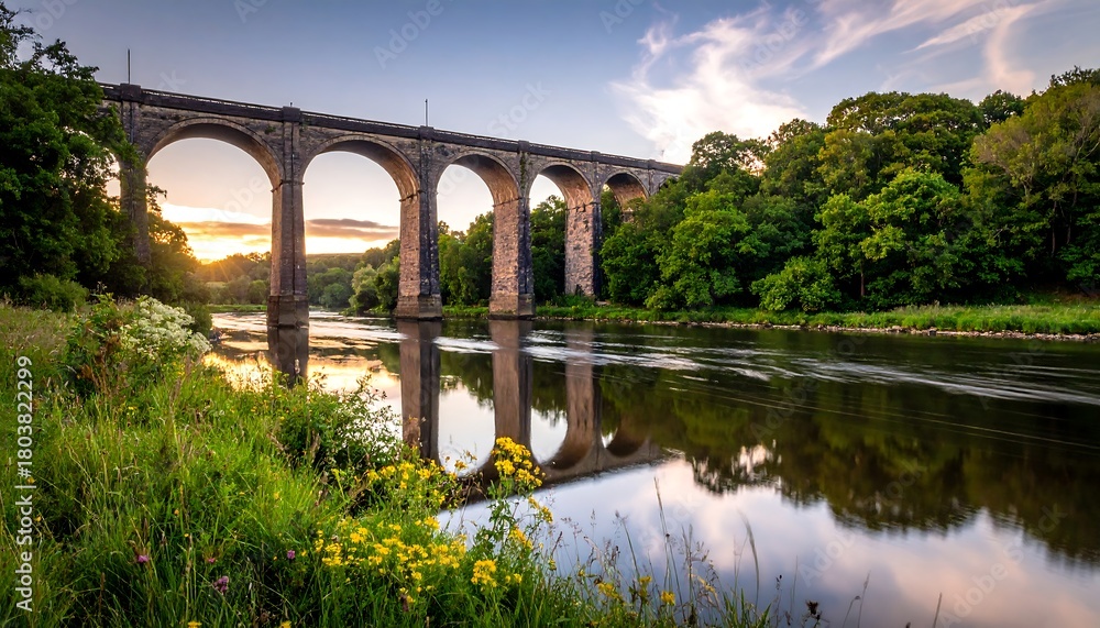 Fototapeta premium A stone arch bridge spans a calm river, reflecting the structure and lush greenery under a sunset sky