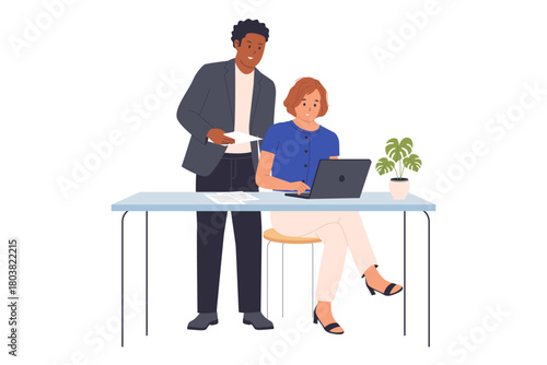 Illustration of a Senior Colleague Providing Support and Training to a Junior Employee. A senior employee stands over a desk, providing guidance, advice, and professional training.