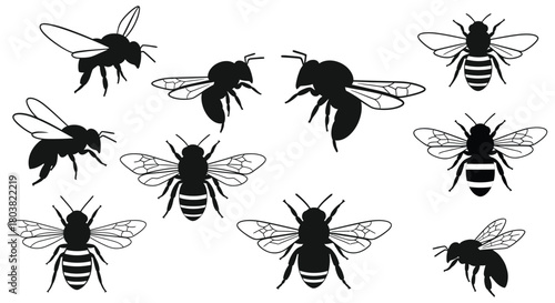 Collection of bee silhouettes in various poses isolated on, perfect for nature themed designs