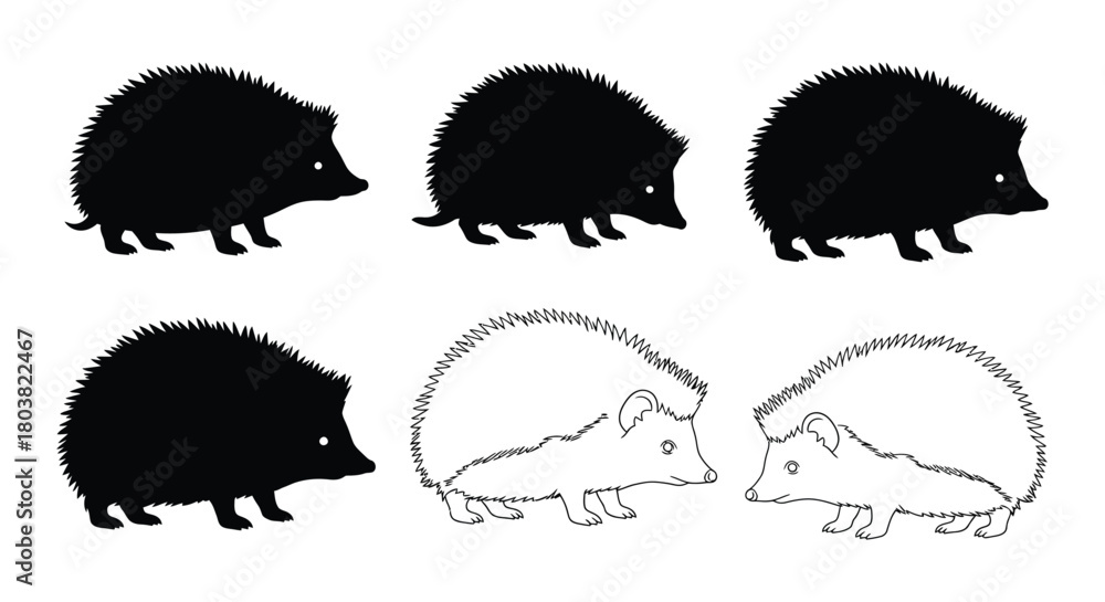 Naklejka premium Set of hedgehog silhouettes in different styles isolated on, ideal for wildlife or animal themes