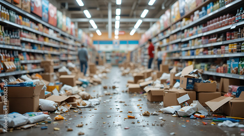 Abstract blur mess in supermarket background. Scattered goods, clutter, trash, cardboard boxes on dirty floor. Bankruptcy of shopping centre. Grocery store. Retail industry. Economic crisis concept.