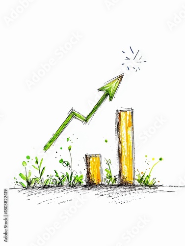 A hand-drawn green arrow chart shows upward growth, emerging from a patch of green grass and yellow bars.