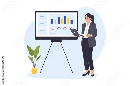 Illustration of Slide Presentation Concept. A businesswoman is presenting analytical data and charts on a large screen using a laptop. This visual is perfect for corporate presentations