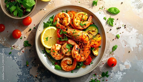 A delicious and artfully arranged plate of grilled shrimp and mixed vegetables, garnished with lemon slices and fresh herbs, set against a textured background.