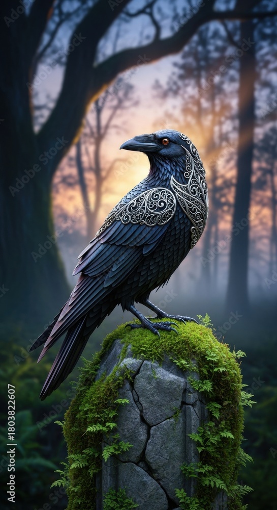 Naklejka premium Ornate raven perched on mossy rock in mystical forest at sunset.