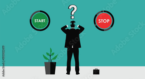 Stressed businessman deciding to start or stop new business venture