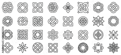 Medieval Celtic Knots and Irish Ornamental Symbols – Intertwined Endless Knot Designs for Tattoo Style Art, Logo Decoration, Gaelic Pattern Elements, and Traditional Vector Ornate Set