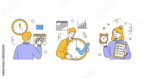 Illustration of people managing time and tasks with clocks and calendars, isolated on