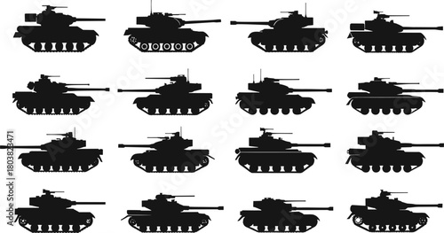 Military tank silhouette collection, army armored vehicle icons, war machine illustration set, combat defense equipment vector for strategy design, battlefield weapon concept