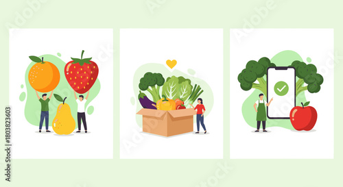 People holding fresh fruits and vegetables, a box of groceries, and a smartphone with a checkmark, representing healthy eating and online grocery delivery