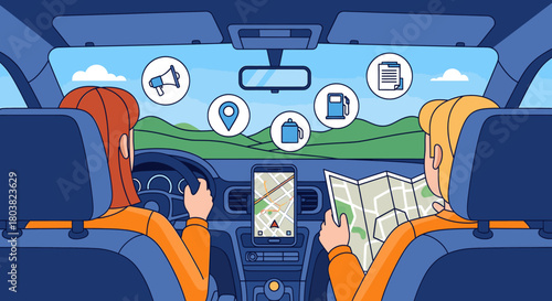 Two women in a car, one driving and the other navigating with a map, with navigation icons in the sky
