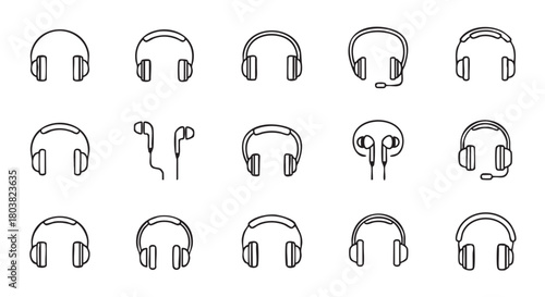 Set of headphone icons outline design on a clean white background