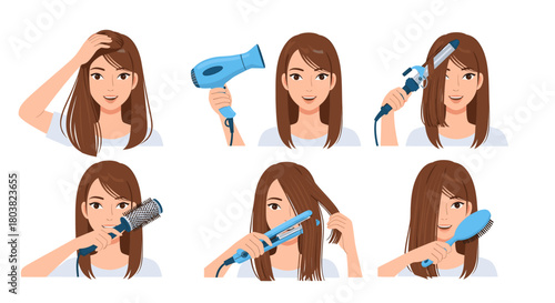 Woman demonstrating different hair styling techniques with hairdryer, curling iron, and brush