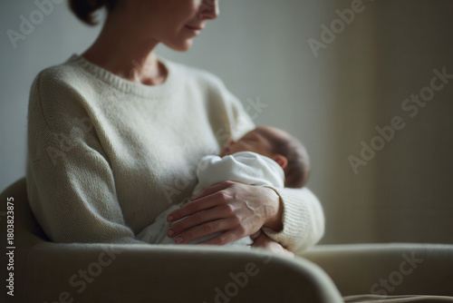 tender moment of mother gently rocking her newborn baby in cozy chair by window