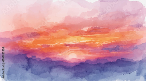 Abstract watercolor sky painting of a beautiful mountain landscape at sunrise with red and blue clouds