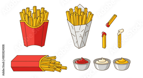 Collection of french fries in various packaging with dipping sauces, isolated on
