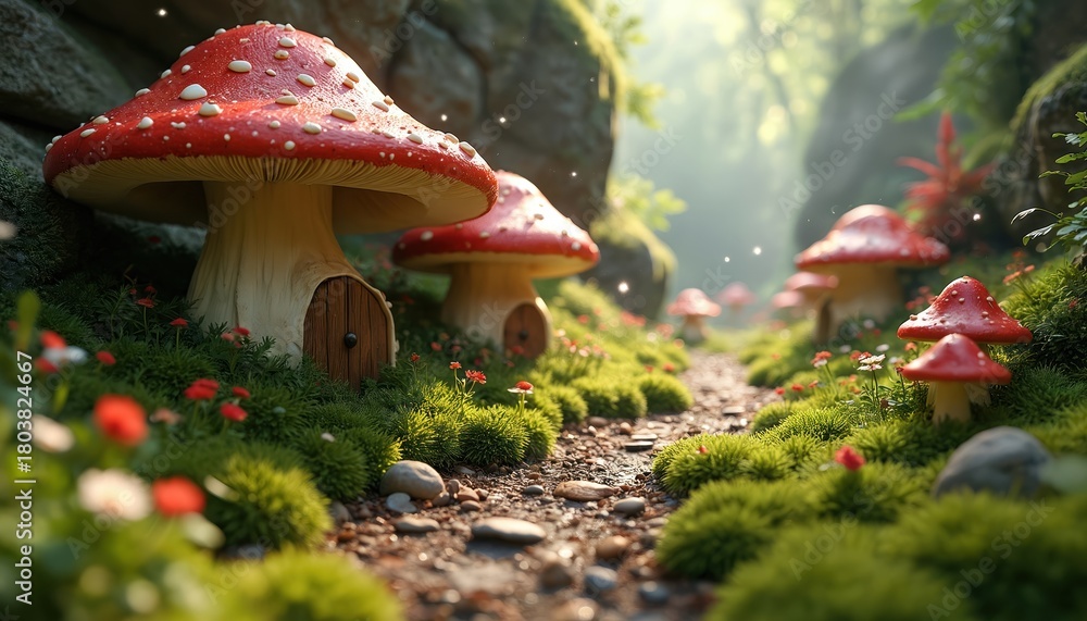 Obraz premium Small village of red spotted mushrooms with tiny doors and windows in a green forest glade. Mossy ground and small flowers line a path through the woodland.