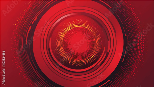 Red concentric circles form an abstract spiral pattern of light, color, and motion
