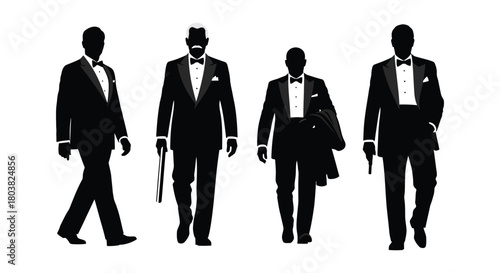 Elegant men in tuxedos walking with confidence and classic style