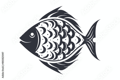 Stylized black fish swims left with intricate scale and fin details on a white background
