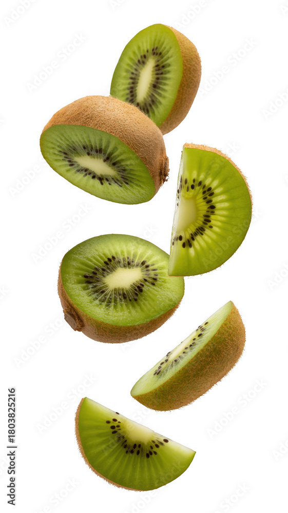 Fototapeta premium Sliced kiwi fruit pieces suspended isolated on a transparent background