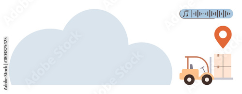 Elements show cloud software, forklift moving fridge, location pin, and sound waveform, representing logistics, storage, tracking, technology automation. Ideal for tech supply chain business