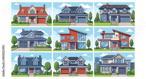 Collection of nine diverse residential houses and homes, showcasing various architectural styles and designs