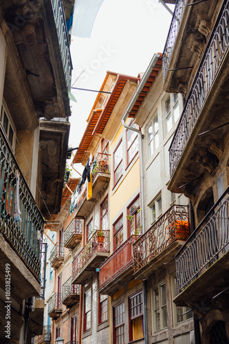 Colorful old residential buildings with balconies in Porto, Portugal