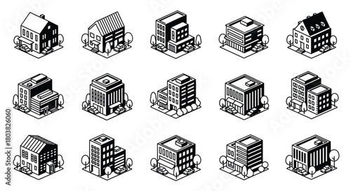 Isometric vector buildings, homes, and businesses for urban planning
