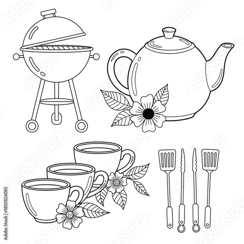 Monochrome kitchen, dining, and barbecue items line art illustration set Vector
