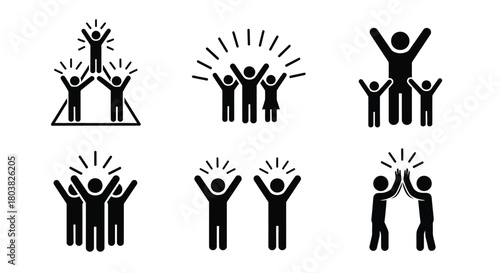 Successful team celebrating achievement with leader on top, reaching goals