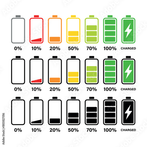 Various battery level indicators showing different states of charge in three rows of icons