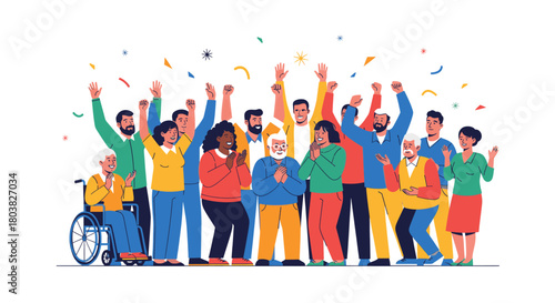 A diverse group of people of different ages and ethnicities celebrating with confetti, isolated on