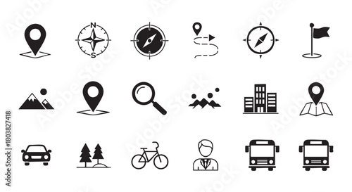 Simple black and white travel icons for navigation and adventure planning