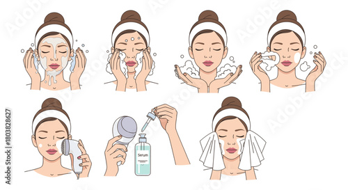 Stepbystep illustration of a woman washing her face and applying skincare products isolated on