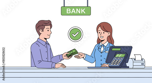 A man is handing money to a bank teller at a counter with a computer and receipt printer, isolated on