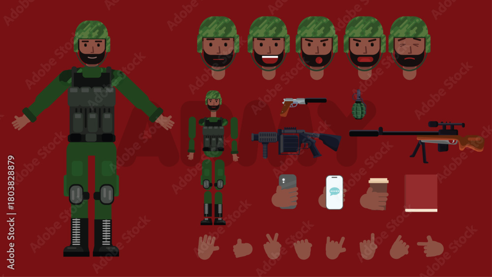 Naklejka premium Flat Black Soldier Character – Military Rig-Ready Vector for Animation
