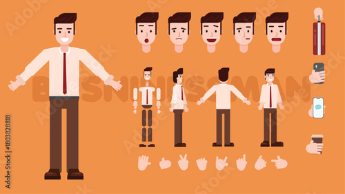 Flat Businessman Character – Animation-Ready Vector with Office Props & Expressions