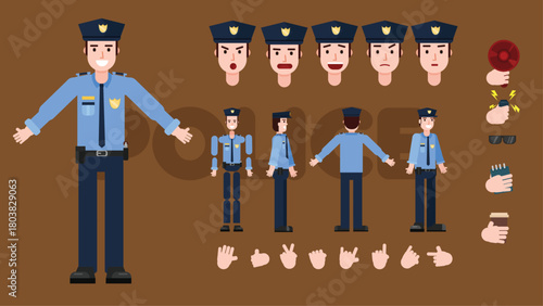 Flat Police Officer Character – Rig-Friendly Vector Set with Uniform & Expressions