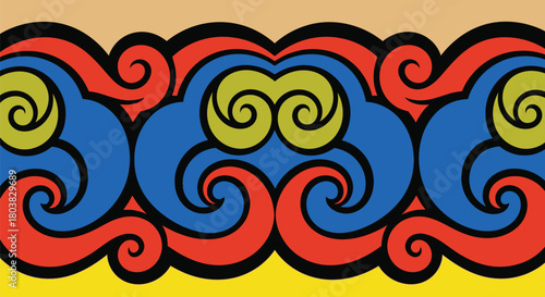 Bold vibrant decorative border with swirling shapes in vivid colors