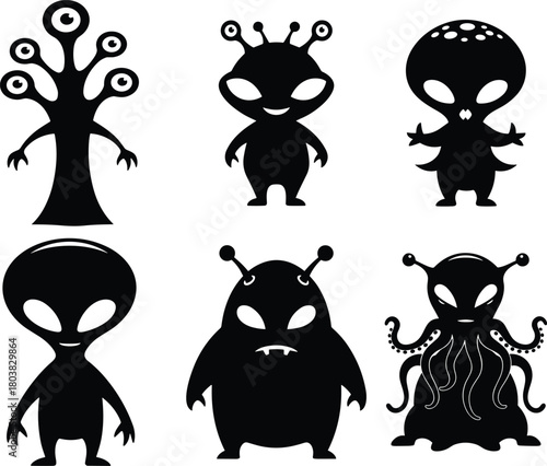 Alien monster silhouettes, extraterrestrial creatures, sci‑fi characters, fantasy beings, tentacles, space invaders, horror illustration, flat vector