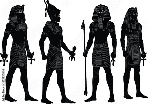 Ancient Egyptian figures with crowns, ankhs, staffs, pharaohs, deities, royalty, culture flat vector illustration
