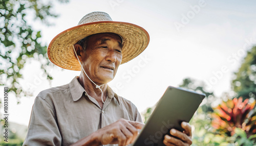 Wallpaper Mural Elderly Asian farmer wearing straw hat using digital tablet outdoors, surrounded by green nature, sunlight, and plants, expressing focus and contentment in rural agricultural setting Torontodigital.ca